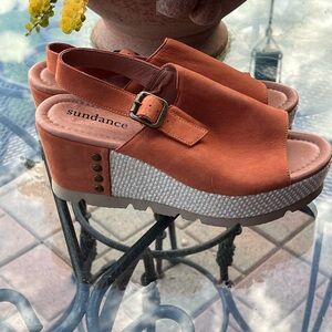 Sundance Paco Orange Platform Slingback Shoes with Textured Wedge